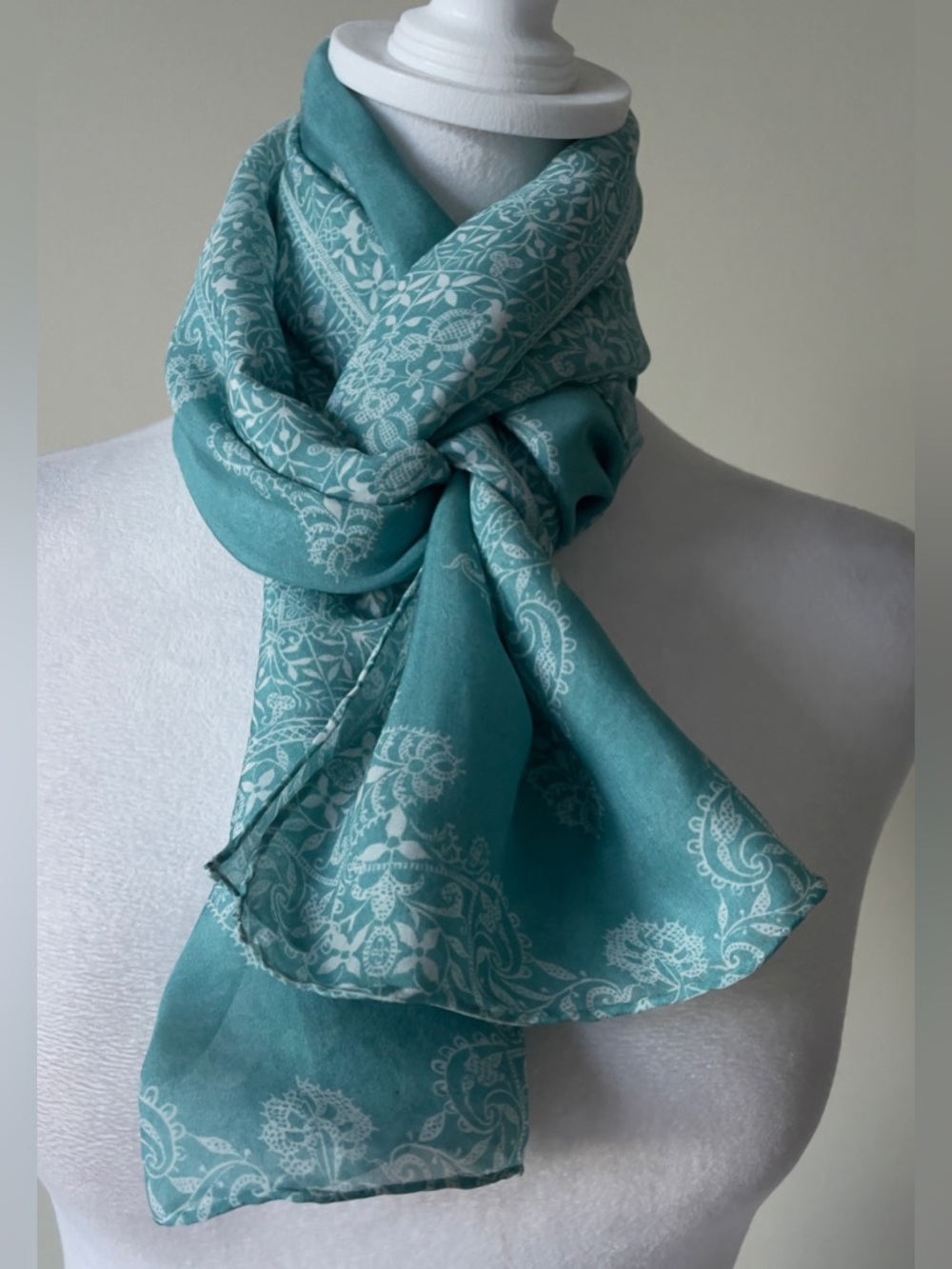 Fox & Chave Teal Paisley Lightweight Sheer Silk Scarf EUC